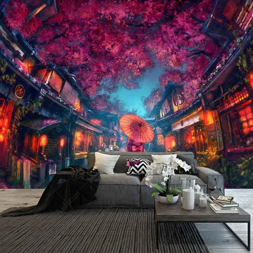 Vista 6 de Aidatain Tapiz de anime japonés antiguo japonés de paisaje de calle nocturna, tapiz de farol de flor de cerezo, tapiz grande de 80 x 60 pulgadas