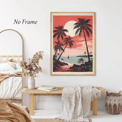Vista 7 de Arte de pared vintage de paisaje marino retro, póster de playa con imagen de palmera, lienzo de árbol tropical, arte de pared, arte de océano