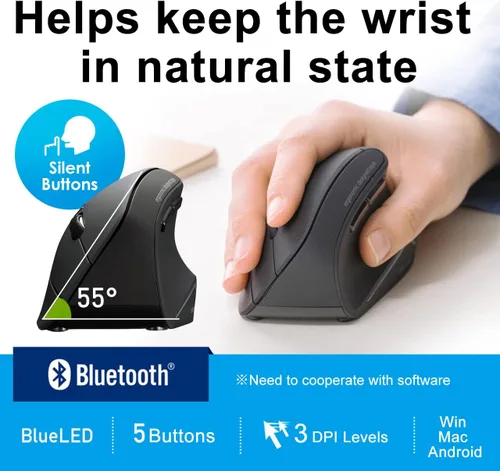 Vista 2 de SANWA Bluetooth Wireless Ergonomic Mouse, Optical Vertical Computer Mice, Silent Noiseless Click, Reduce Wrist Strain, (80012001600 DPI, 6 Buttons)