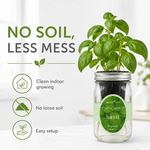 Vista 4 de Kit de Cultivo Hidropónico, Kit de Inicio de Jardín de Hierbas en Frasco Mason con Autoriego para Interiores, Jardín de Hierbas para Alféizar