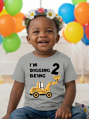 Vista 4 de Tstars Conjunto de construcción de segundo cumpleaños para niños pequeños – Camiseta I'm Digging Being 2 – Bulldozer Digger Truck Tee Manga regular