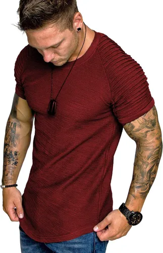 Vista 17 de COOFANDY Camiseta Muscular para Hombre de Manga Raglán Plisada Camiseta de Culturismo para Gimnasio Manga Corta Camisas de Entrenamiento de Moda