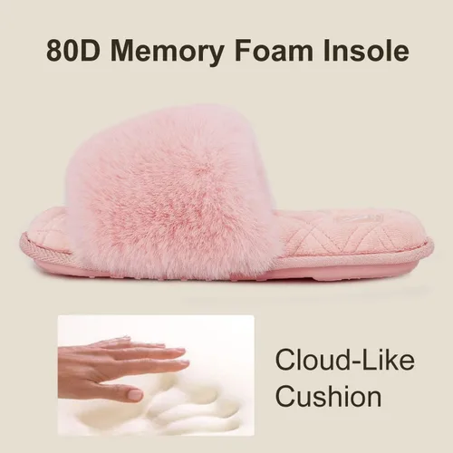 Vista 5 de LongBay Pantuflas de espuma viscoelástica de piel sintética para mujer, cómodas y planas, con puntera abierta, cómodas sandalias de casa