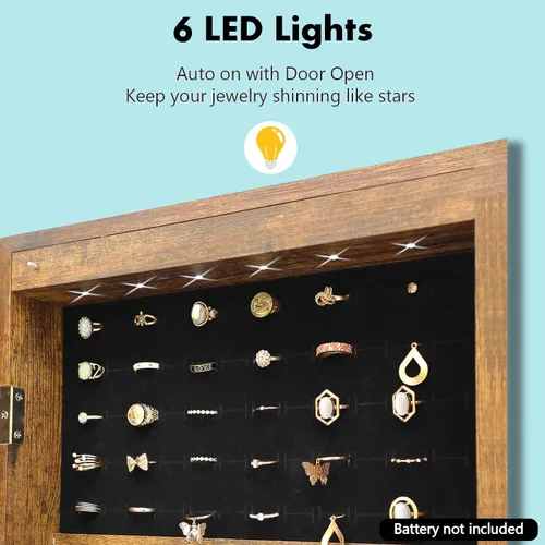 Vista 2 de HomVent Armario de joyería con espejo de 6 LED, espejo con almacenamiento de joyas, organizador de armario de joyería con cerradura, armario