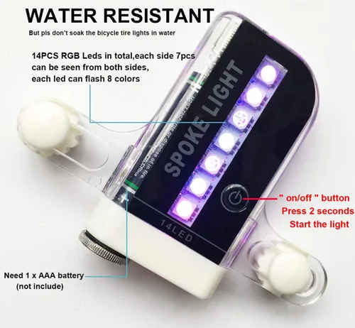 Vista 6 de Luces de rueda de bicicleta (paquete de 2) - Luces LED impermeables para radios de bicicleta - Accesorios para bicicleta - 30 patrones diferentes