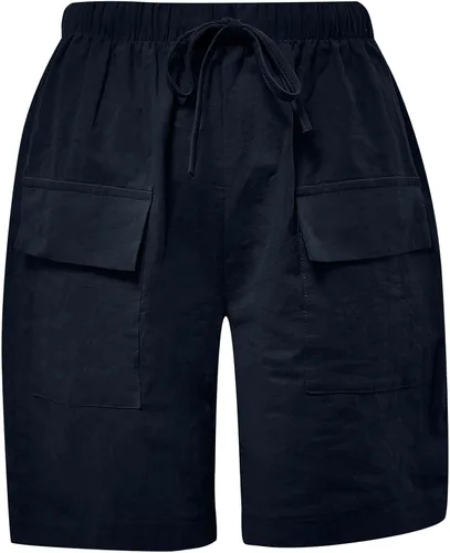 Vista 4 de Linen Sport Shorts Women Drawstring Wih Pockets Womens Wide Leg Capris Pants Cargo Solid Loose Fit Tummy Control Navy