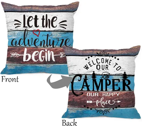 Vista 2 de Funda de almohada rústica con texto en inglés "Welcome to Our Camper Let The Adventure Begin", 18 x 18 pulgadas (reversible), decoración de camping