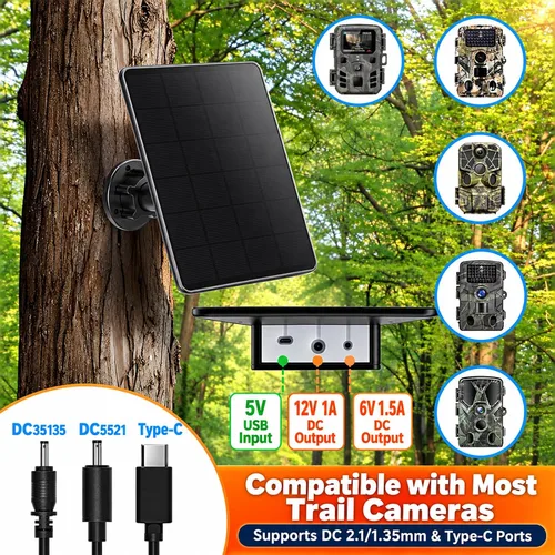 Vista 4 de Trail Camera Solar Panel, Mini Solar Battery Charger DC 12V/1A 6V/1.5A & USB-C Build-in 5000mAh Rechargeable Lithium Battery, IP66 Waterproof