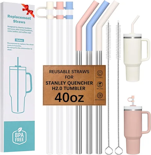 Vista 15 de HEYSKAY 3 popotes de repuesto reutilizables para vaso Stanley de 40 onzas, popotes de repuesto de metal con puntas de silicona y cepillos