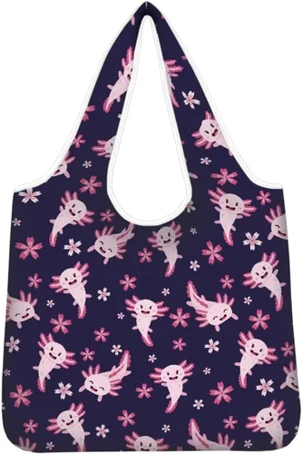 Vista 29 de Belidome Bolsa de comestibles con diseño de donas de ajolotl para compras, lavable, reutilizable, con bolsillo para asa