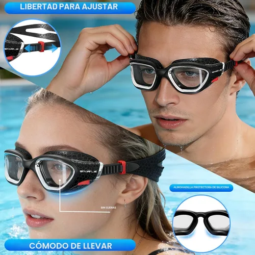 Vista 8 de Whale Gafas de natación, gafas antivaho HD, unisex, 100% protección UV, diseño antivaho transparente visión submarina de gran angular Negro