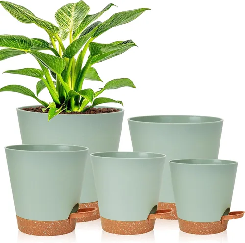 Vista 15 de Vanslogreen Macetas Paquete de 5, Macetas de 7/6.5/6/5.5/5 Pulgadas de Riego Automático con Agujeros de Drenaje para Plantas de Interior, Macetas