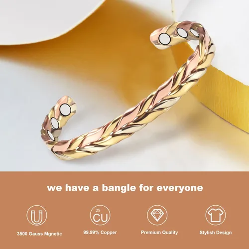 Vista 3 de Pulseras de cobre para mujer para artritis y articulaciones, 6.5 pulgadas, cobre puro, tres colores, trenzada, pulsera de terapia magnética, joyería