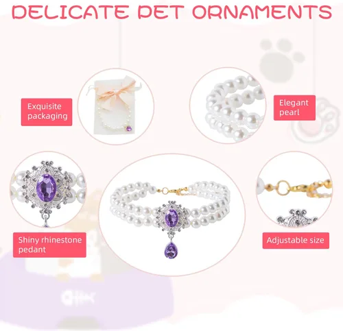 Vista 4 de Collar de perlas de 2 filas para gatos, collar de perlas para perros, collares de diamantes de imitación para perros pequeños, accesorios de collar