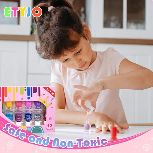 Vista 5 de Esmalte de uñas para niños - 12 colores de esmaltes de uñas arcoíris, juego de esmalte de uñas no tóxico a base de agua que se despega, juego