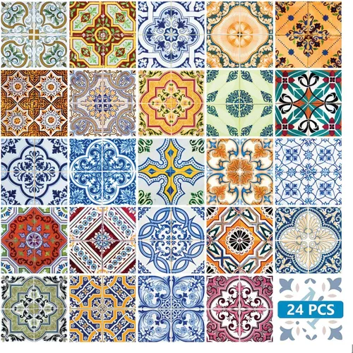 Vista 24 de Juego de 24 calcomanías para azulejos de salpicaduras en muro, azulejos tradicionales de Talavera, calcomanías para azulejos de baño y cocina