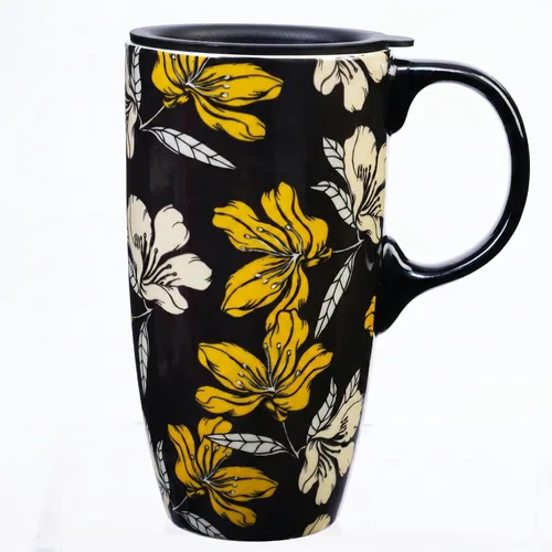 Vista 10 de DUSVALLY Juego de 2 tazas de viaje de cerámica con tapas, juego de tazas florales grandes de 17 onzas con asas, aptas para microondas
