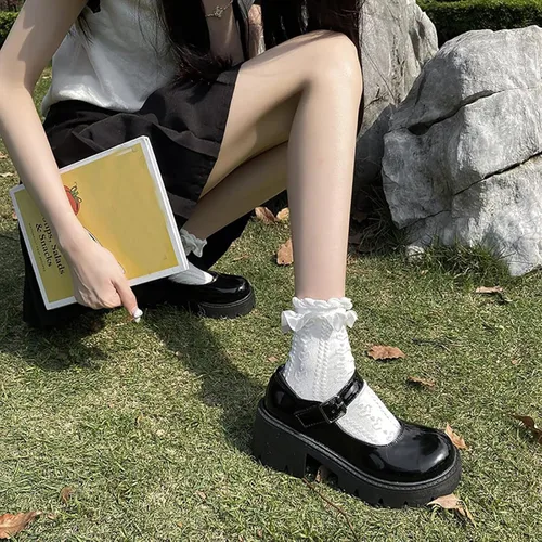 Vista 4 de HINDOLA Zapatos de plataforma Mary Janes para mujer, mocasines gruesos, punta redonda, gótico, negro, Lolita, correa al tobillo, uniforme, vestido