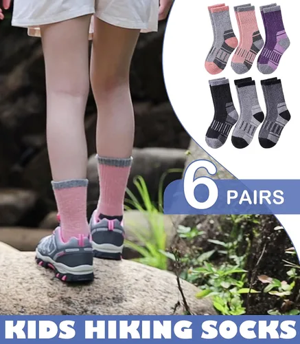 Vista 4 de LINEMIN Calcetines de senderismo de lana merino para niños y niñas, cálidos, gruesos, térmicos, acolchados, para invierno, 6 pares