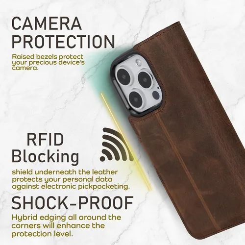 Vista 5 de Bayelon Funda tipo cartera para iPhone 15 Pro, cartera de cuero de grano completo, funda magnética desmontable, tarjetero, funda tipo cartera