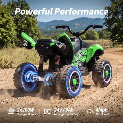 Vista 5 de Hikiddo Spider 24V Kid ATV, ATV eléctrico 4 ruedas para niños 3-6 con ruedas LED Verde