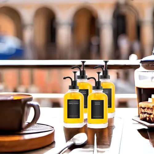 Vista 7 de Joyfulmap 4 dispensadores de jarabe de café, dispensador de bomba negro con botellas para accesorios de cafetería, botella de café de vidrio