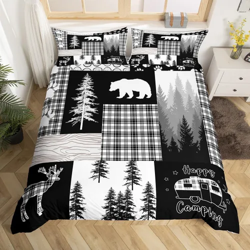 Vista 12 de Funda de edredón de oso de caza, tamaño individual, juego de ropa de cama rústica de animales del bosque para niños y niñas, funda de edredón a Oso