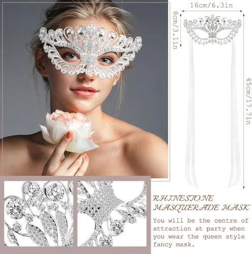 Vista 3 de 2 máscaras de máscaras de diamantes de imitación de cristal de fantasía, para fiesta veneciana, graduación, corona, para disfraz de mujer