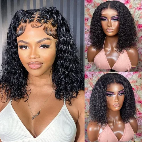 Vista 8 de Recomtic Pelucas rizadas Bob de cabello humano corto frontal 13x4, pelucas de encaje frontal lisas y onduladas para mujeres negras, cabello humano