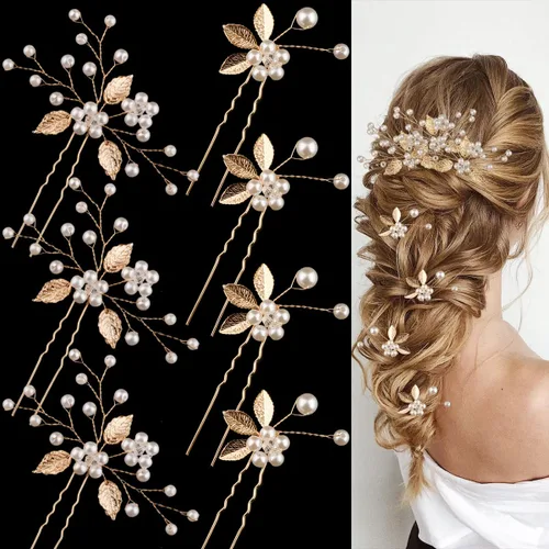 Vista 7 de 7 horquillas para el cabello de boda, hoja dorada, tocado de novia, perlas, accesorios para el cabello, accesorios para el cabello, accesorios