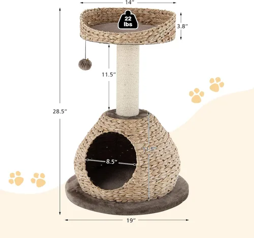 Vista 4 de Tangkula Árbol para gatos moderno, torre para gatos pequeña con poste de rascar de sisal natural, condominio para gatos de mimbre hecho a mano