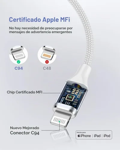 Vista 2 de Cable USB C a Lightning de 3 pies, paquete de 2 cables USB C para iPhone, certificado MFi, trenzado, tipo C, cable de carga rápida, compatible