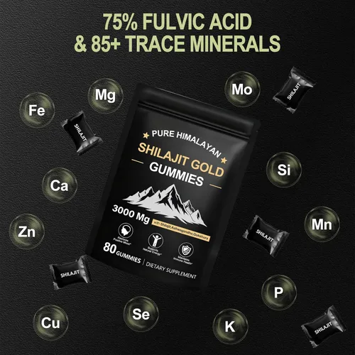 Vista 3 de Shilajit - Gomitas para hombres y mujeres, ricas en ácido fúlvico Ashwagandha Gaulshura 85 micronutrientes, sin azúcar añadido, sin OMG, 100%