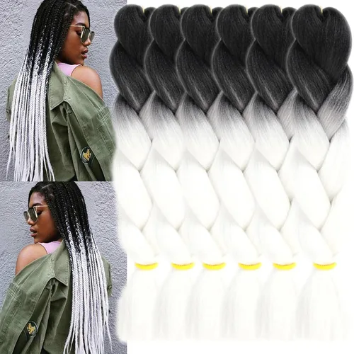 Vista 46 de 3 paquetes de extensiones de cabello sintético para trenzar de color negro a azul, tamaño jumbo ombré, de 24 pulgadas o trenzas de ganchillo