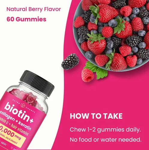 Vista 7 de NutraChamps Gomitas de biotina de 5000 mcg con colágeno, queratina y más – Vitaminas para la piel y las uñas para mujeres y hombres – Apoya el ciclo