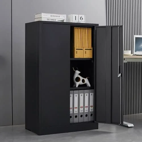 Vista 9 de Armario de almacenamiento de metal con puertas y 3 estantes, armario de garaje de acero con cerradura de espacio grande de 42 pulgadas