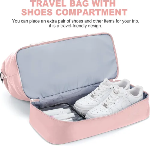 Vista 5 de Bolsas de fin de semana para mujer, bolsas de viaje con compartimento para zapatos, Rosado, Bolsa de viaje+neceser