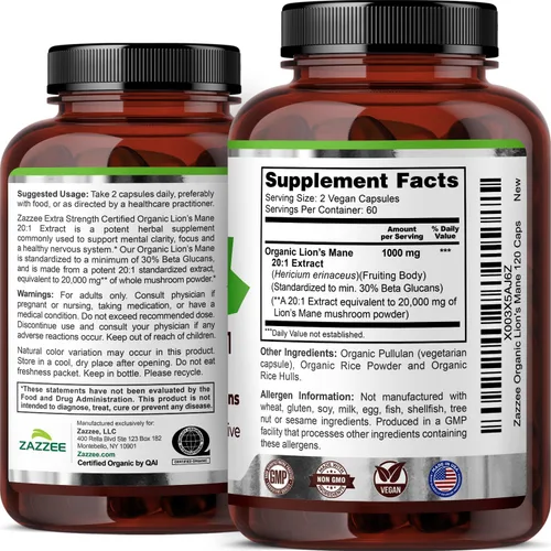 Vista 8 de Zazzee USDA Organic Lion's Mane 20:1 Extracto 20:1, 1000 mg por porción, 30% beta-glucanos, 120 cápsulas veganas, nootrópico para la salud cerebral