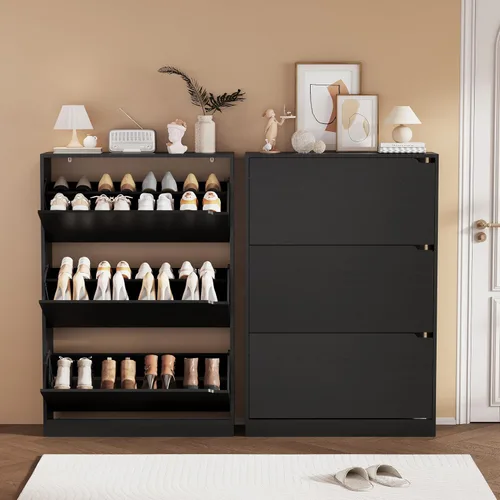 Vista 3 de Armario de almacenamiento de zapatos, organizador de zapatos de madera para entrada con 3 cajones abatibles, zapatero independiente con estante Negro
