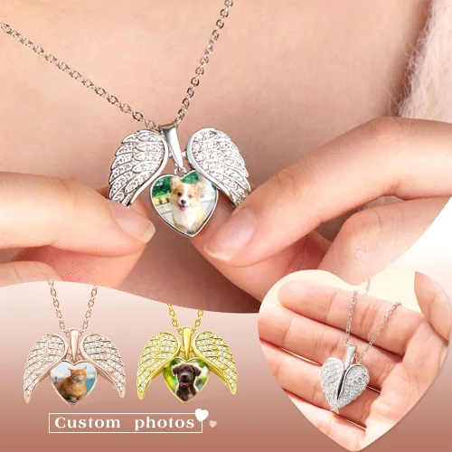Vista 3 de CALLIE Collar personalizado con medallón de alas de corazón para mujer, collar con colgante personalizado con imagen, regalo conmemorativo