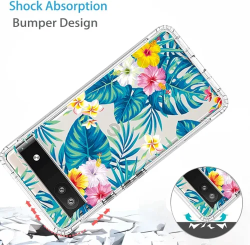 Vista 7 de Funda para Pixel 6A, para Google 6A Crystal Clear Floral Case con protector de pantalla de vidrio templado, suave 360° cuerpo completo a prueba