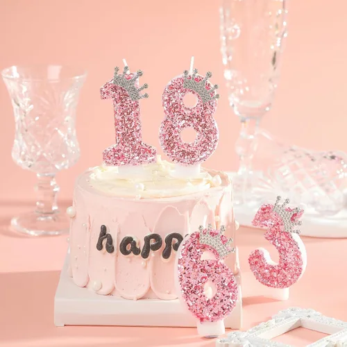 Vista 3 de PHD CAKE Velas con números de cumpleaños, velas de cumpleaños de corona rosa para pastel, velas con purpurina número 0 con lentejuelas para niñas