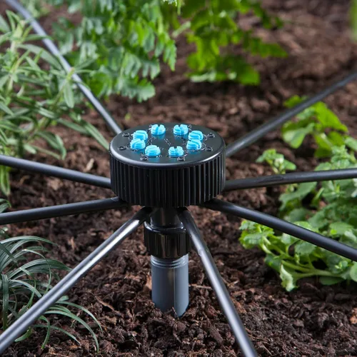 Vista 2 de Raindrip 13800UB, burbujeador ajustable de ocho salidas Hydro-Port, emisores de riego por goteo para sistemas de jardinería de riego por goteo