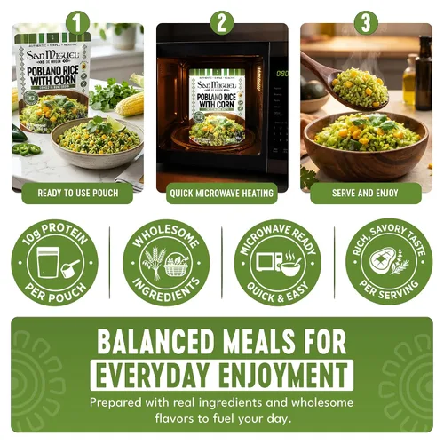 Vista 6 de San Miguel Microondas Poblano Arroz Maíz, 0.35 oz Proteína Arroz poblano con maíz • Caldo de huesos • Aceite de aguacate • 0.35 oz de proteína • Sin