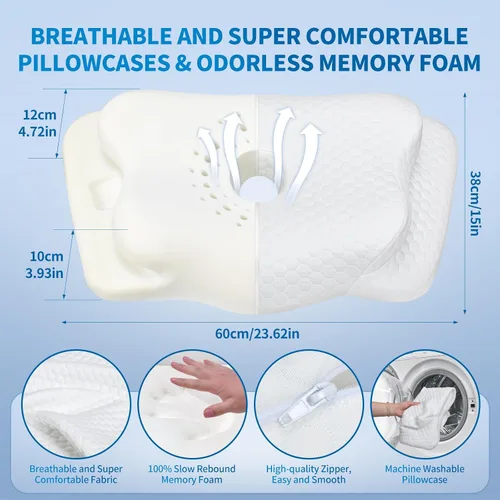 Vista 6 de Almohada cervical cervical de espuma viscoelástica, forma ergonómica de mariposa con orificio central de flujo de aire y ventilación