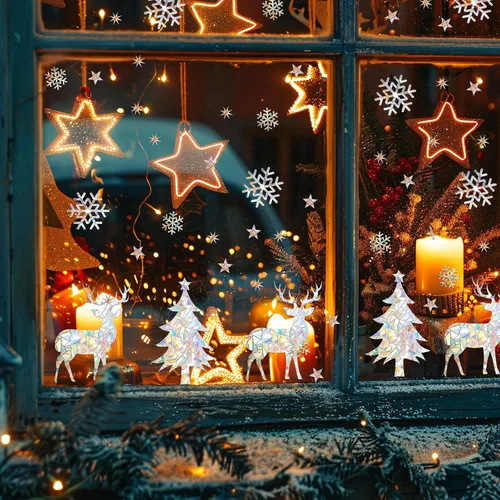Vista 6 de 50 calcomanías para ventanas de árboles de Navidad, copos de nieve, renos, anticolisión, para salvar a los pájaros de colisiones, calcomanías