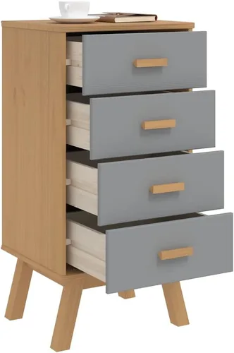 Vista 5 de Scandinavian Bedside Cabinet Grey Brown Nightstand, 4-Drawer Solid Pine Wood Storage for Bedroom, Sleek Rectangular Design with Wall Attachment