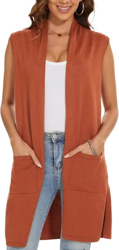 Vista 2 de INKOFF Chaleco de punto largo para mujer, sin mangas, con bolsillos, frente abierto, drapeado, chaleco casual