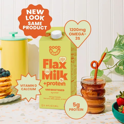 Vista 3 de Good Karma Leche de lino sin azúcar + proteína, 64 onzas, 5 g de proteína vegetal + 1200 mg de omega-3 por porción, alternativa a la leche no láctea