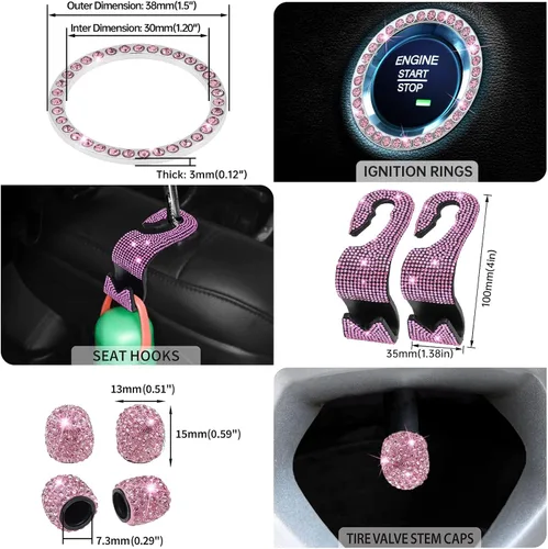 Vista 6 de Juego de accesorios brillantes para auto MAIMEIMI para mujeres con decoraciones de strass para interior con fundas para volante, marco